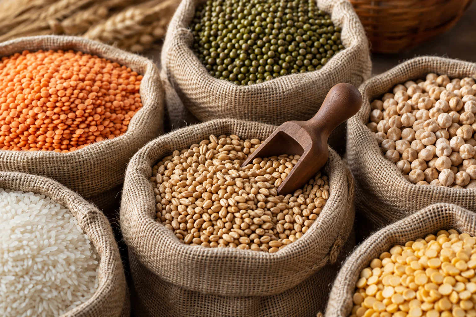 Grains and pulses presented in natural sacks with a sourcing scoop