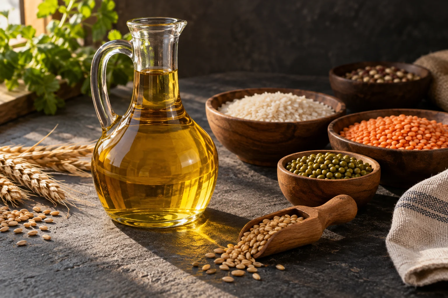 Golden edible oil with grains and pulses on a dark stone surface